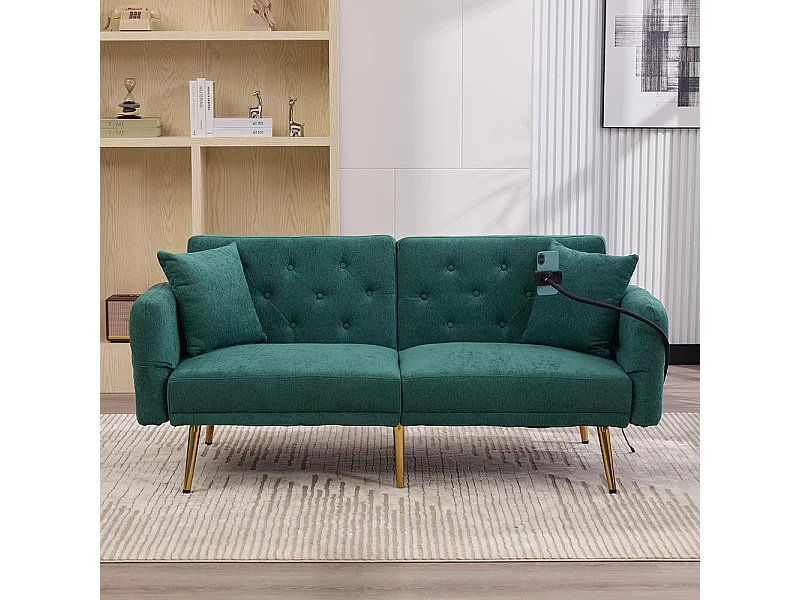 Canapé convertible 2 places dossier ajustable USB poche support téléphone pieds métal pliant siège lit dappoint Émeraude