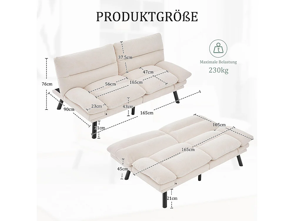 Canapé 2 places chenille ergonomique assise dossier accoudoirs réglables pieds métal confort stable beige