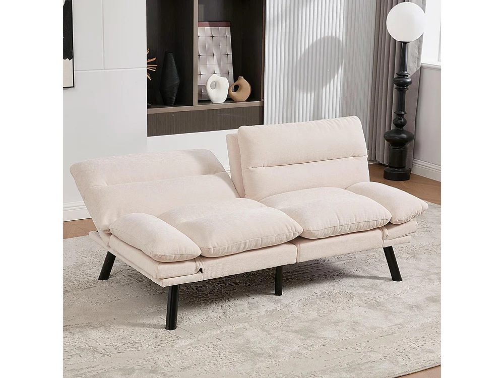 Canapé 2 places chenille ergonomique assise dossier accoudoirs réglables pieds métal confort stable beige