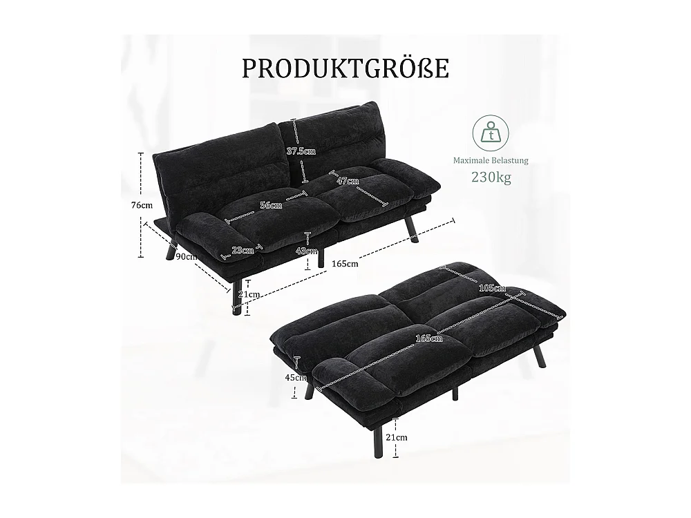 Canapé 2 places chenille ergonomique assise dossier accoudoirs réglables pieds métal confort stable noir