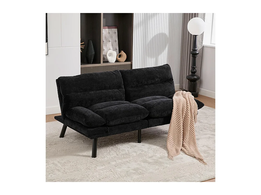 Canapé 2 places chenille ergonomique assise dossier accoudoirs réglables pieds métal confort stable noir