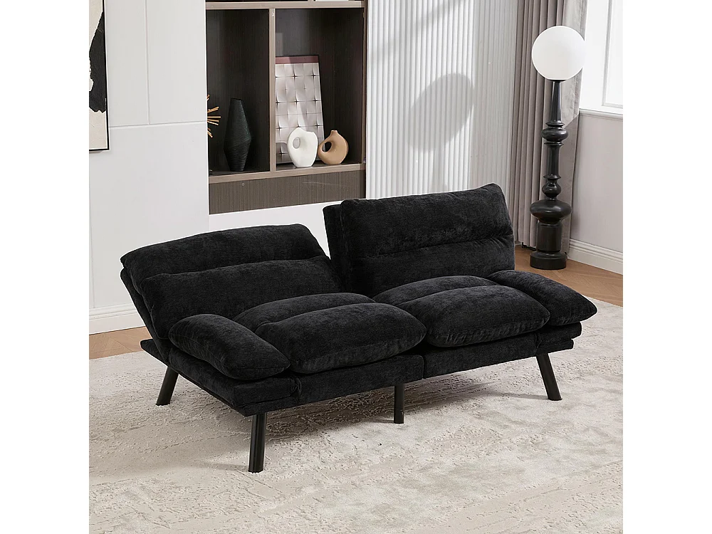 Canapé 2 places chenille ergonomique assise dossier accoudoirs réglables pieds métal confort stable noir