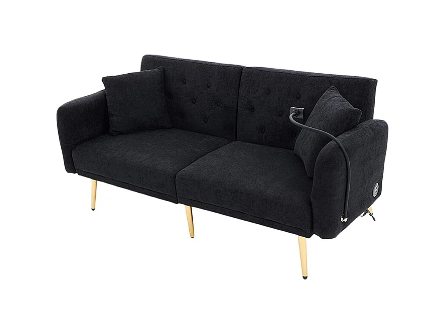 Canapé convertible 2 places dossier ajustable USB poche support téléphone pieds métal pliant siège lit dappoint noir