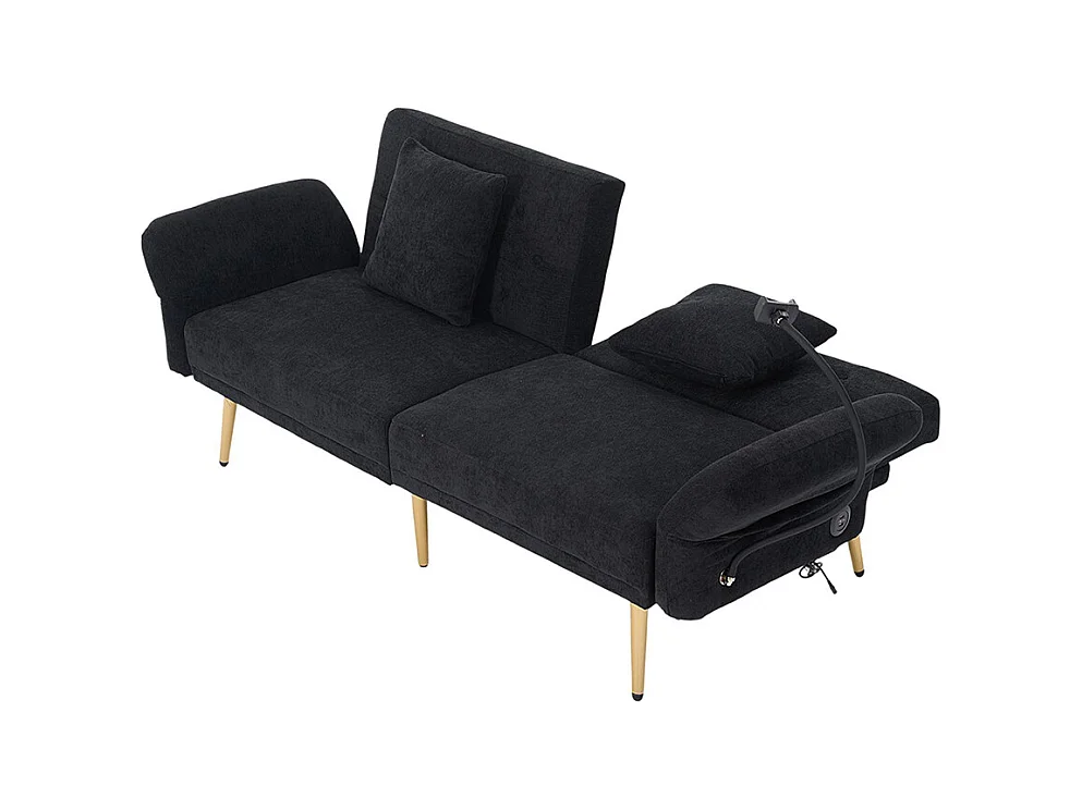 Canapé convertible 2 places dossier ajustable USB poche support téléphone pieds métal pliant siège lit dappoint noir