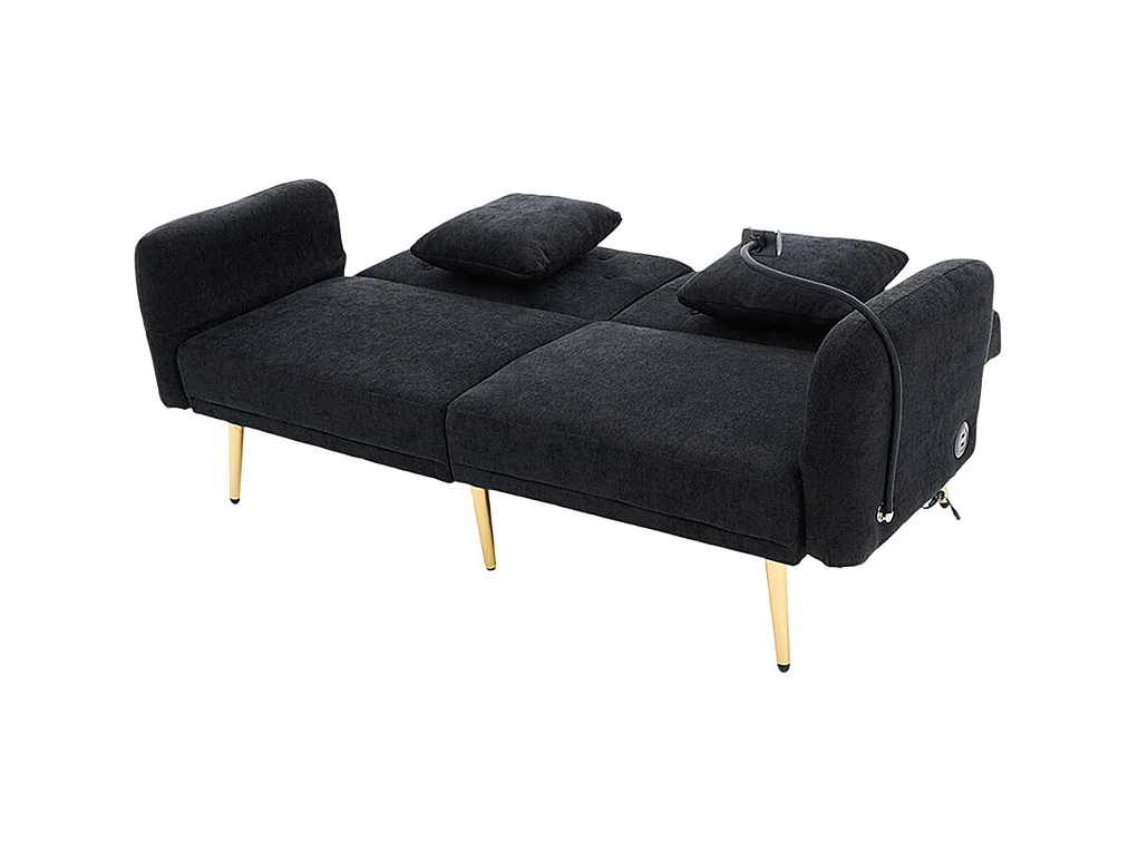 Canapé convertible 2 places dossier ajustable USB poche support téléphone pieds métal pliant siège lit dappoint noir