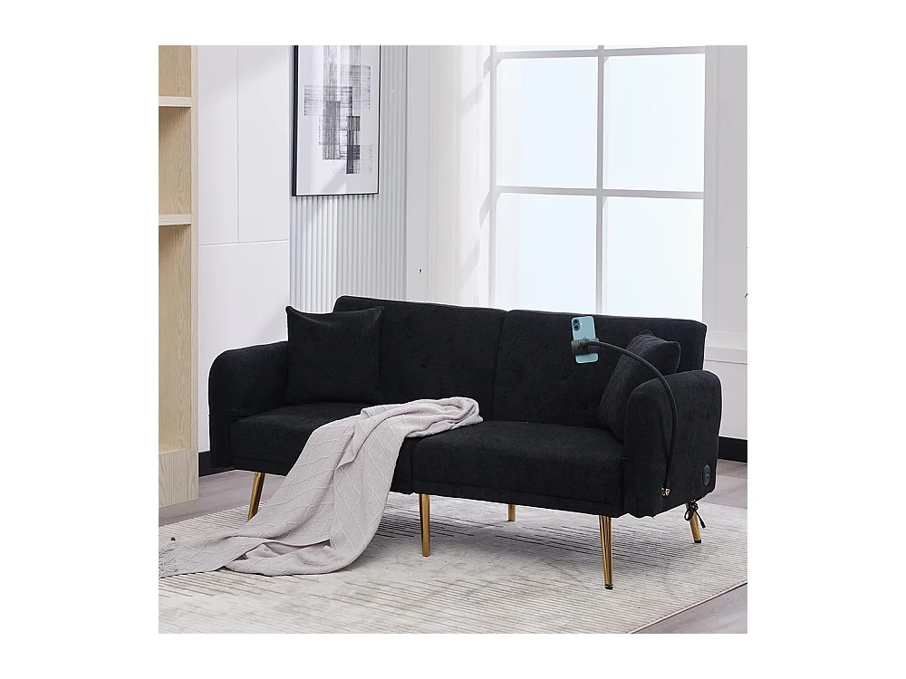 Canapé convertible 2 places dossier ajustable USB poche support téléphone pieds métal pliant siège lit dappoint noir