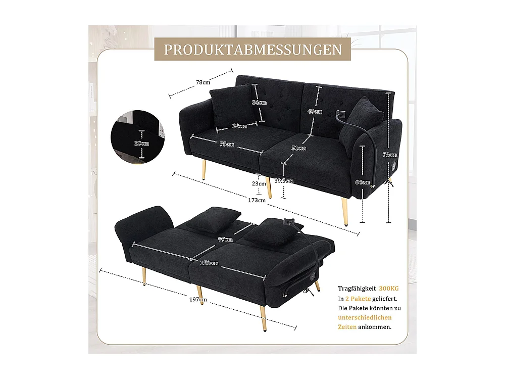Canapé convertible 2 places dossier ajustable USB poche support téléphone pieds métal pliant siège lit dappoint noir