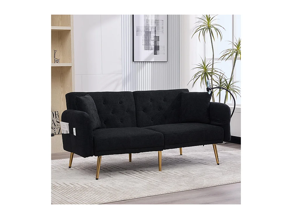 Canapé convertible 2 places dossier ajustable USB poche support téléphone pieds métal pliant siège lit dappoint noir
