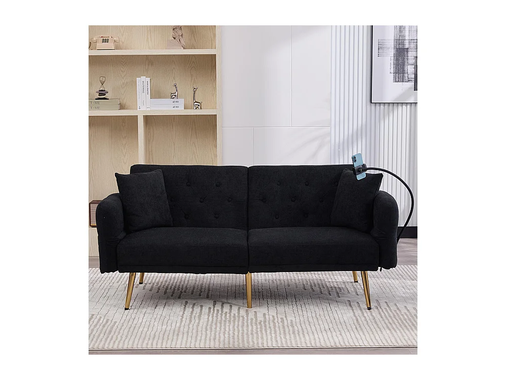 Canapé convertible 2 places dossier ajustable USB poche support téléphone pieds métal pliant siège lit dappoint noir