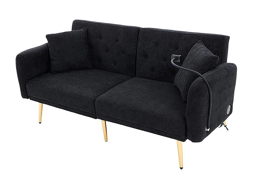Canapé convertible 2 places dossier ajustable USB poche support téléphone pieds métal pliant siège lit dappoint noir