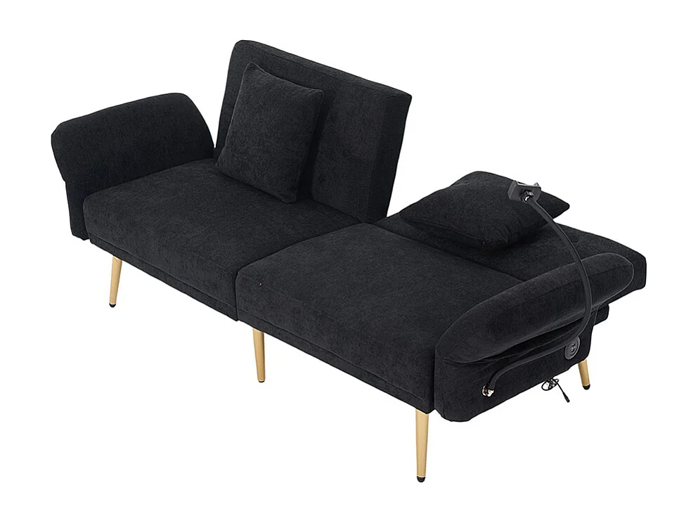 Canapé convertible 2 places dossier ajustable USB poche support téléphone pieds métal pliant siège lit dappoint noir