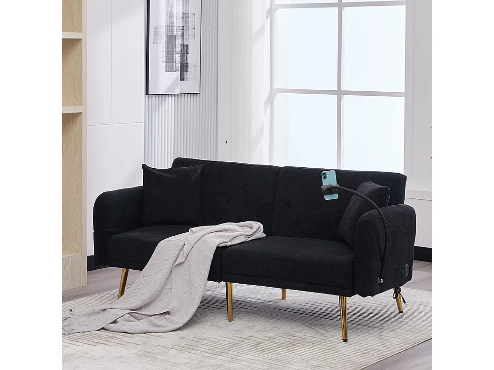 Canapé convertible 2 places dossier ajustable USB poche support téléphone pieds métal pliant siège lit dappoint noir