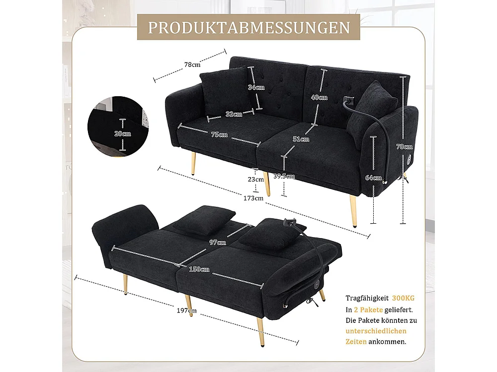 Canapé convertible 2 places dossier ajustable USB poche support téléphone pieds métal pliant siège lit dappoint noir