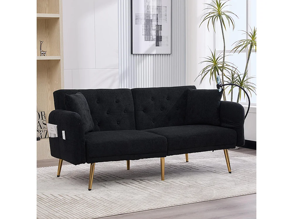 Canapé convertible 2 places dossier ajustable USB poche support téléphone pieds métal pliant siège lit dappoint noir