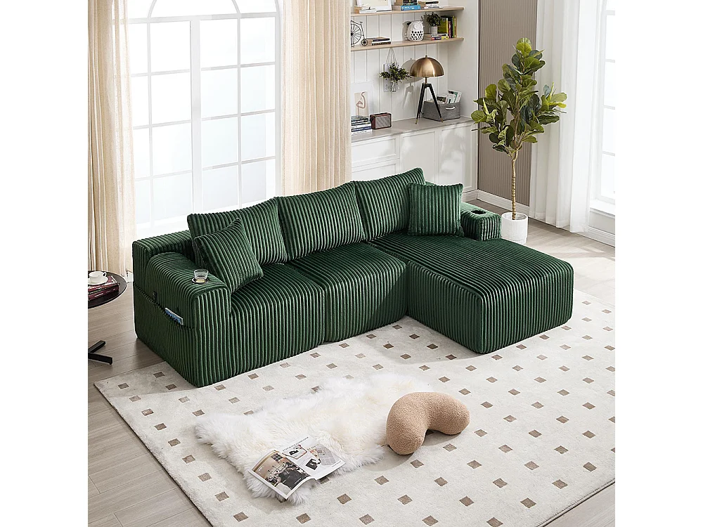 Canapés modulaires chaise longue 2 places velours doux 5 coussins poches porte-gobelets mousse dense DIY salon studio Émeraude