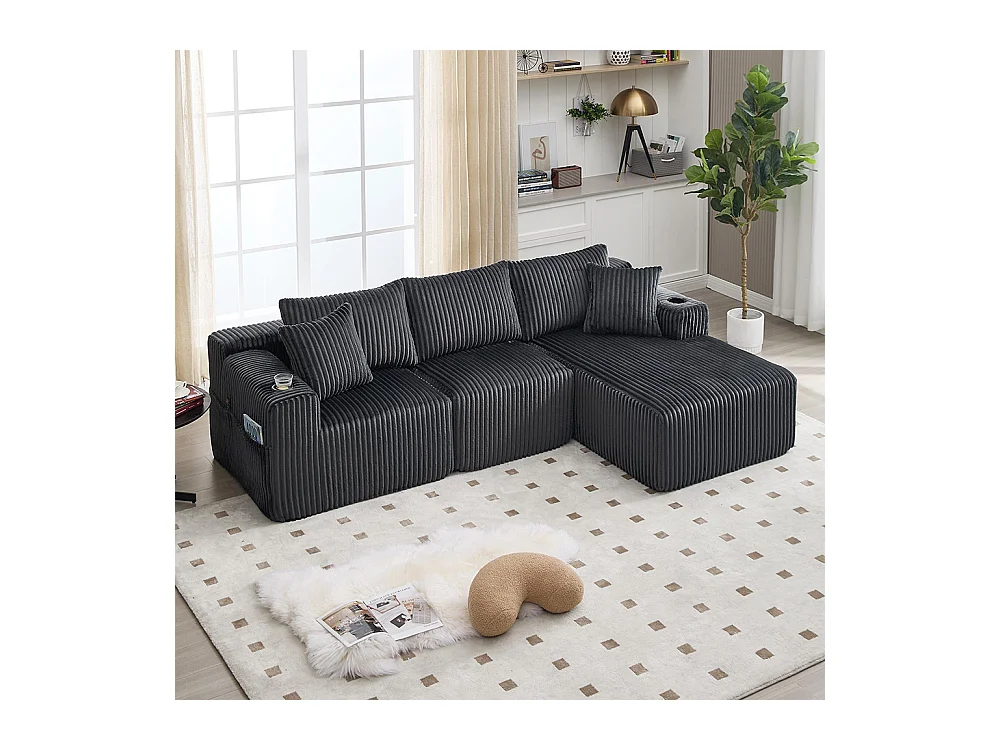 Canapés modulaires chaise longue 2 places velours doux 5 coussins poches porte-gobelets mousse dense DIY salon studio gris