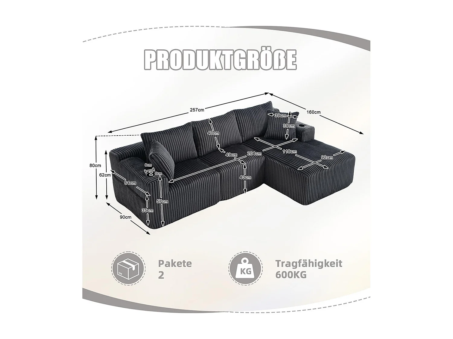 Canapés modulaires chaise longue 2 places velours doux 5 coussins poches porte-gobelets mousse dense DIY salon studio gris