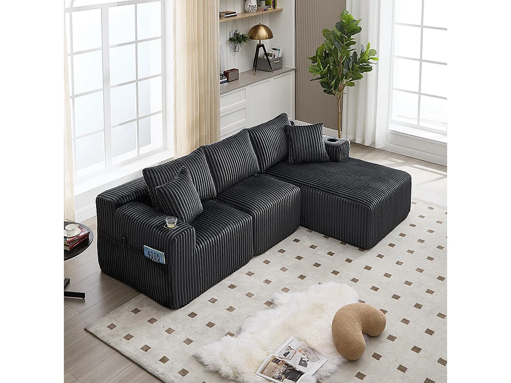 Canapés modulaires chaise longue 2 places velours doux 5 coussins poches porte-gobelets mousse dense DIY salon studio gris