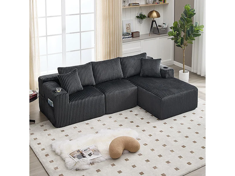 Canapés modulaires chaise longue 2 places velours doux 5 coussins poches porte-gobelets mousse dense DIY salon studio gris