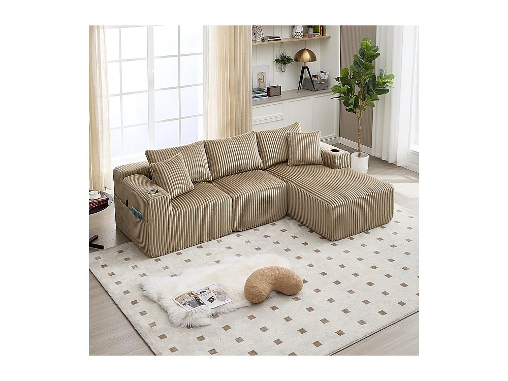 Canapés modulaires chaise longue 2 places velours doux 5 coussins poches porte-gobelets mousse dense DIY salon studio kaki