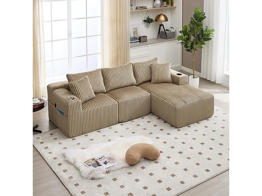 Canapés modulaires chaise longue 2 places velours doux 5 coussins poches porte-gobelets mousse dense DIY salon studio kaki