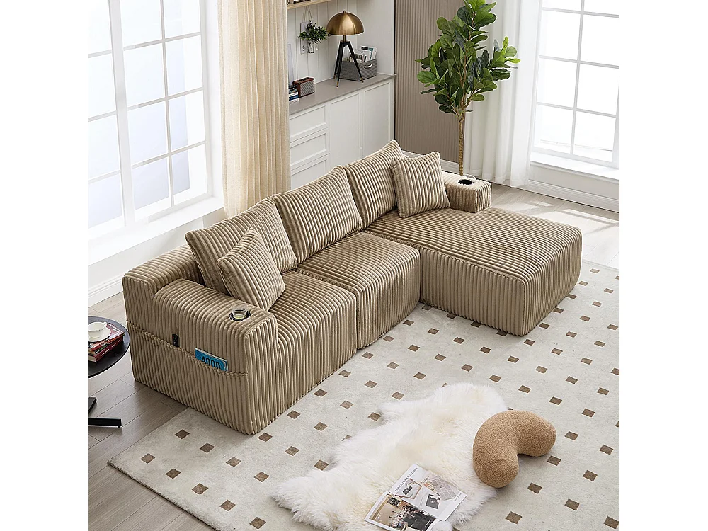 Canapés modulaires chaise longue 2 places velours doux 5 coussins poches porte-gobelets mousse dense DIY salon studio kaki