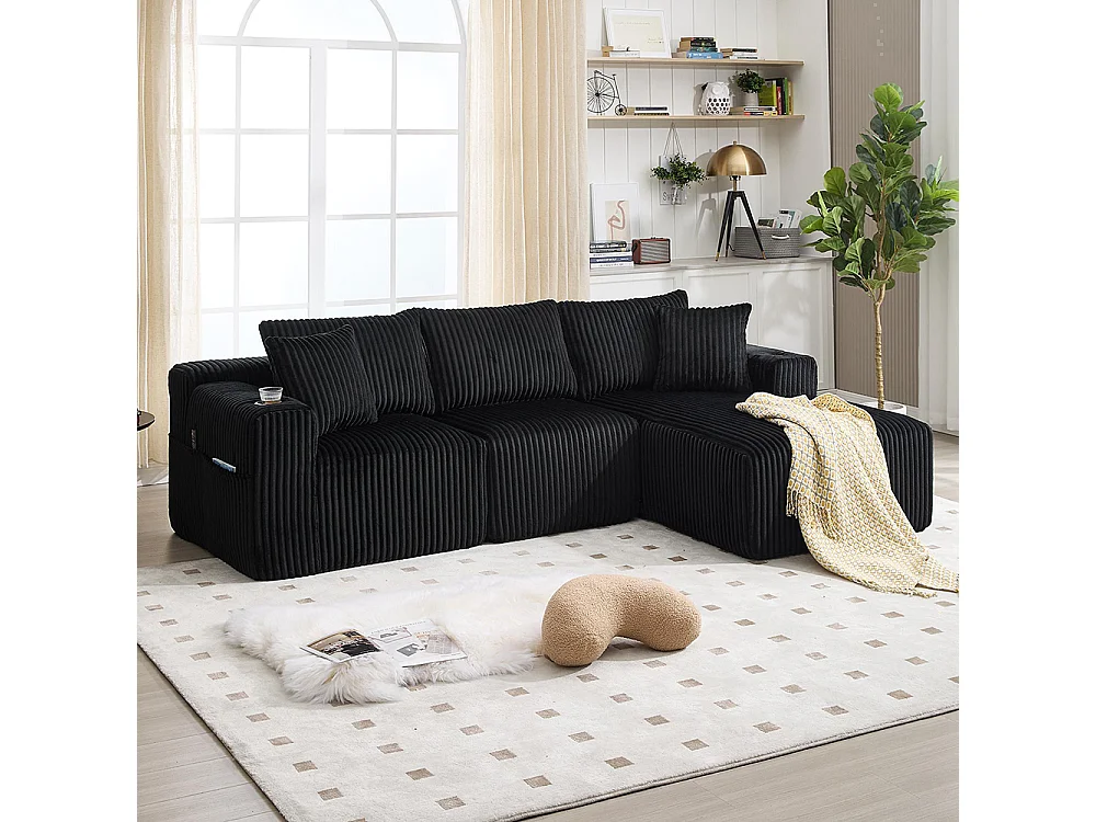 Canapés modulaires chaise longue 2 places velours doux 5 coussins poches porte-gobelets mousse dense DIY salon studio noir
