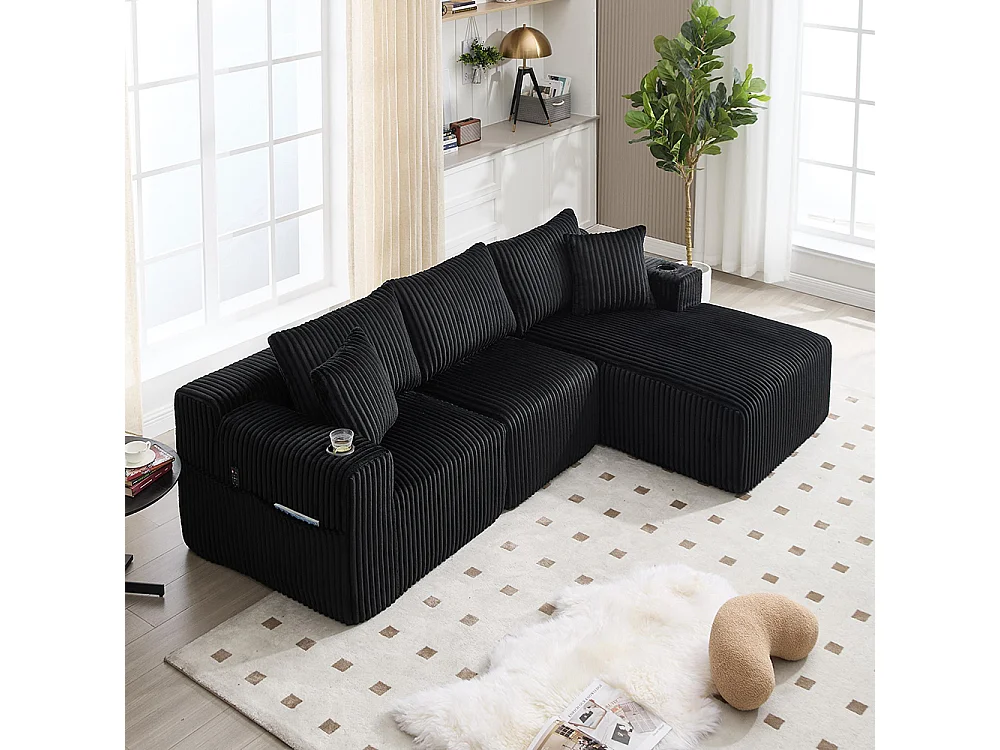 Canapés modulaires chaise longue 2 places velours doux 5 coussins poches porte-gobelets mousse dense DIY salon studio noir