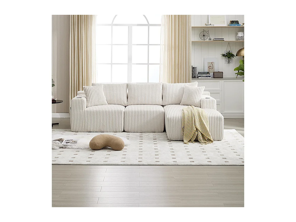 Canapés modulaires chaise longue 2 places velours doux 5 coussins poches porte-boissons mousse dense DIY salon studio beige