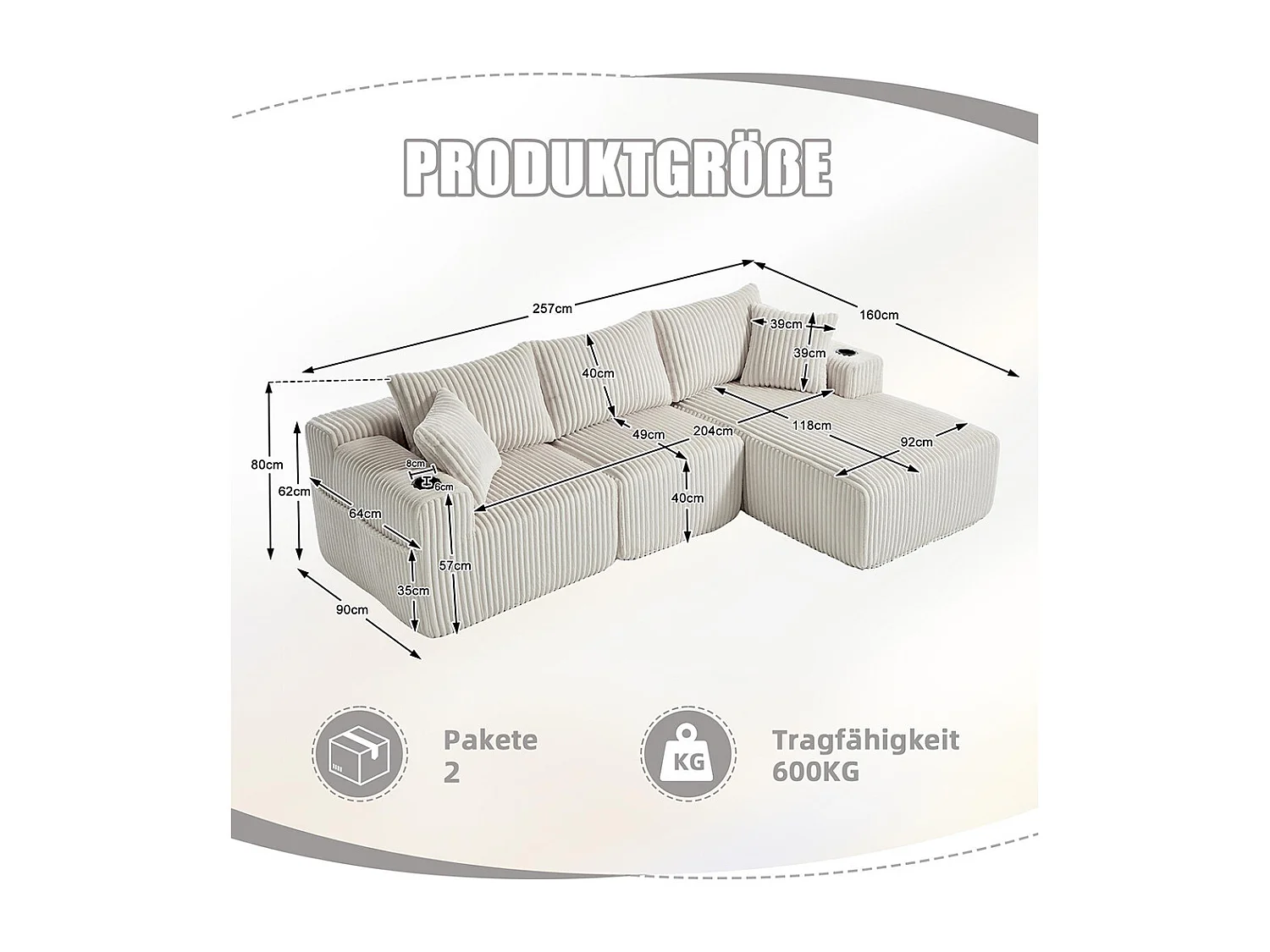 Canapés modulaires chaise longue 2 places velours doux 5 coussins poches porte-boissons mousse dense DIY salon studio beige