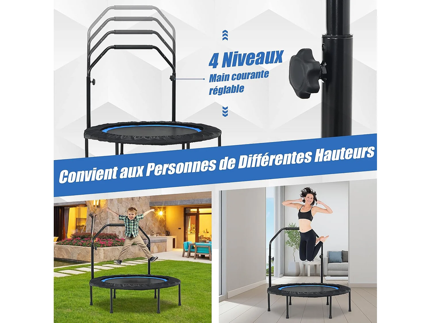 Opvouwbare Trampoline Ø101cm met Verstelbare Handgreep, 2 Weerstandsbanden, Draagvermogen 150kg - Binnen/Buiten Fitness