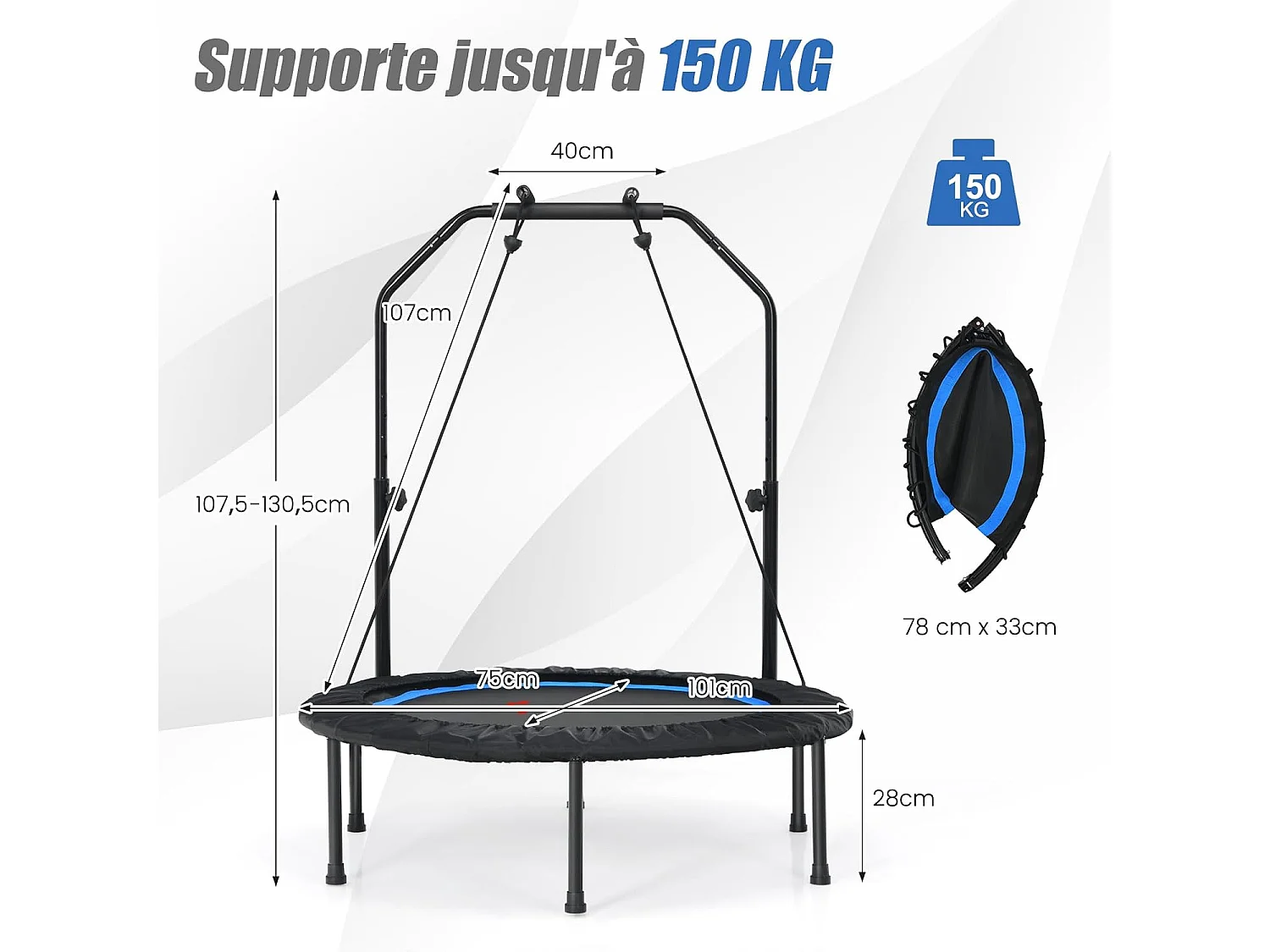 Opvouwbare Trampoline Ø101cm met Verstelbare Handgreep, 2 Weerstandsbanden, Draagvermogen 150kg - Binnen/Buiten Fitness