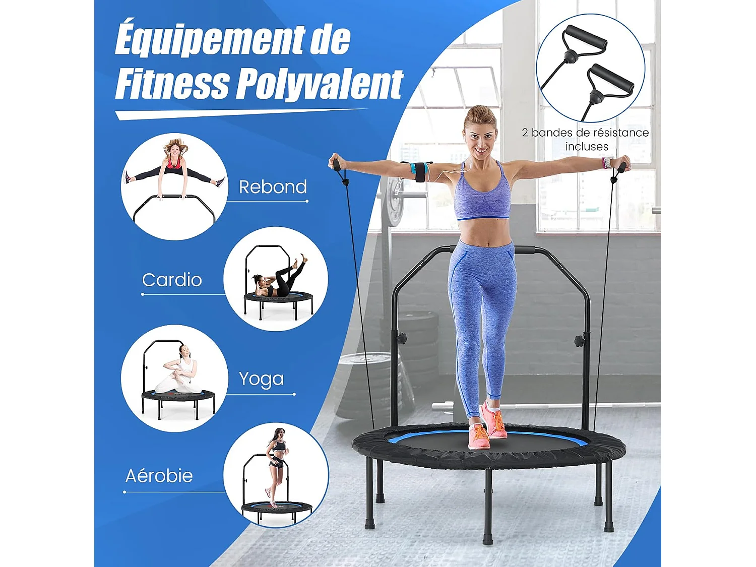 Opvouwbare Trampoline Ø101cm met Verstelbare Handgreep, 2 Weerstandsbanden, Draagvermogen 150kg - Binnen/Buiten Fitness