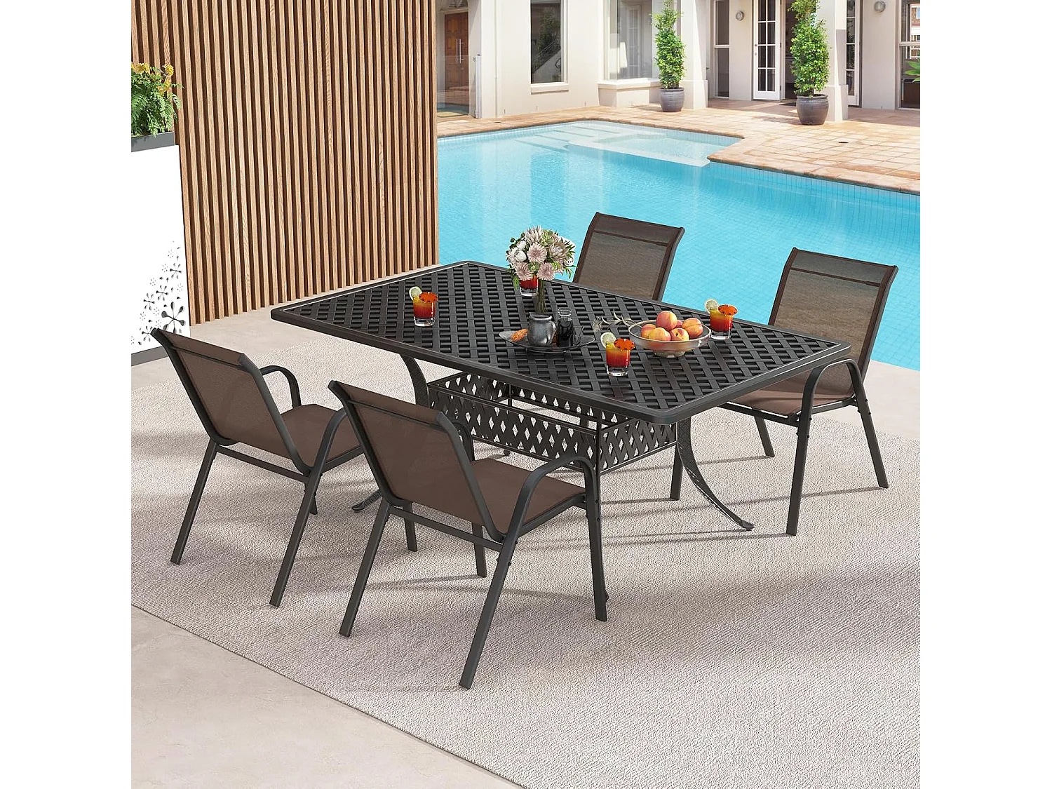 Set van 4 Bruine Tuinstoelen met Ergonomische Rugleuning en Robuust Metalen Frame