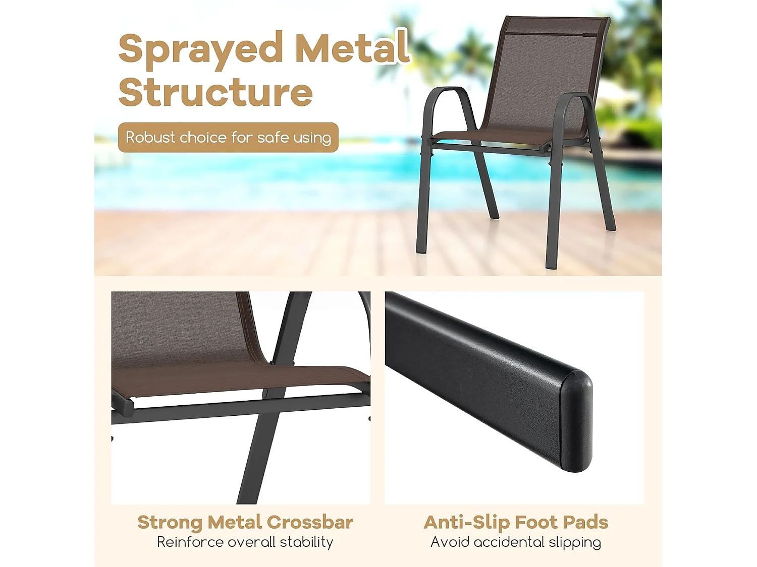 Set van 4 Bruine Tuinstoelen met Ergonomische Rugleuning en Robuust Metalen Frame