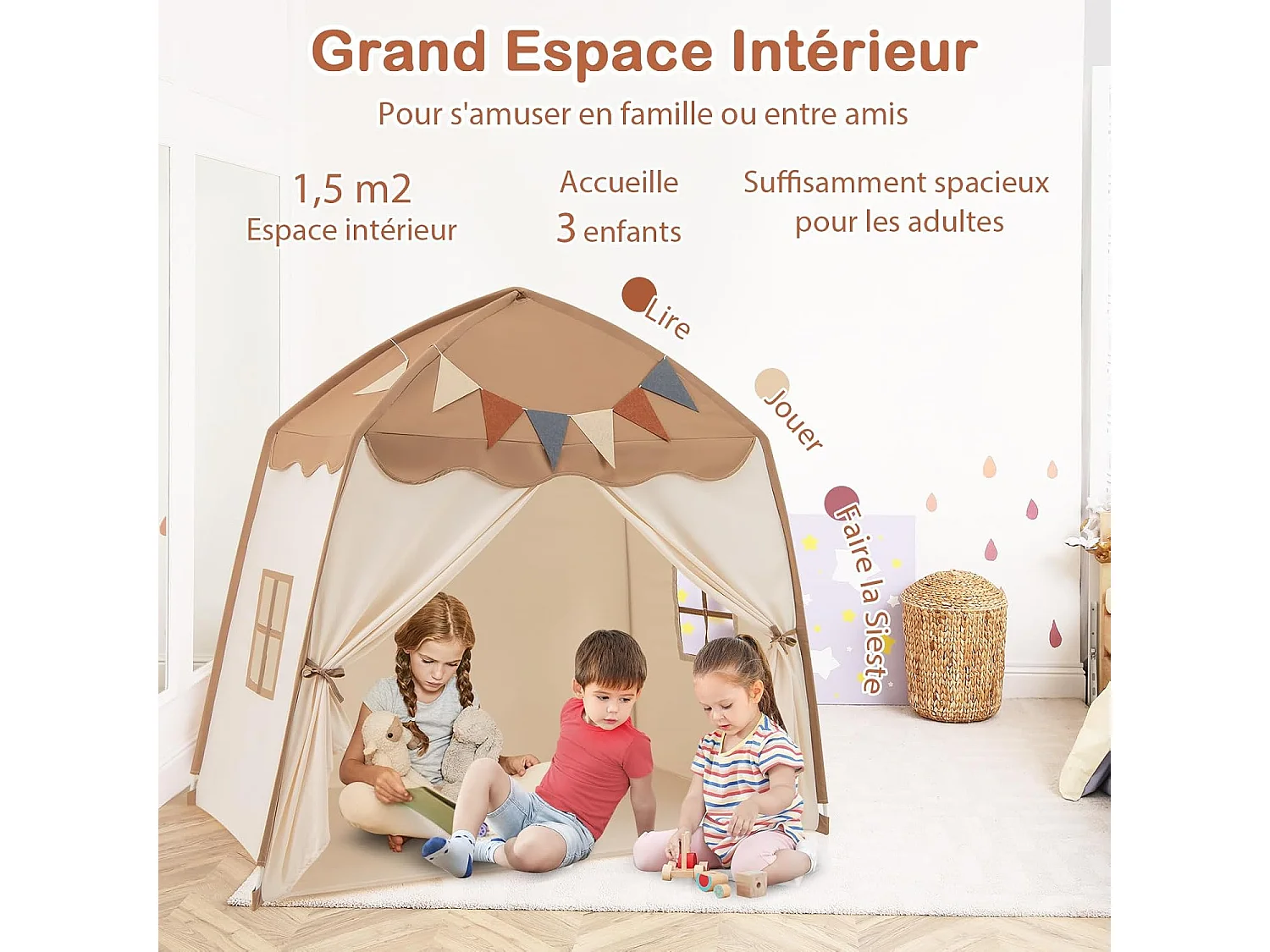 Tente de Jeux Enfant Princesse avec Guirlandes Lumineuses, Fenêtres & Tissu Lavable, 157x98x148cm (Beige + Café)