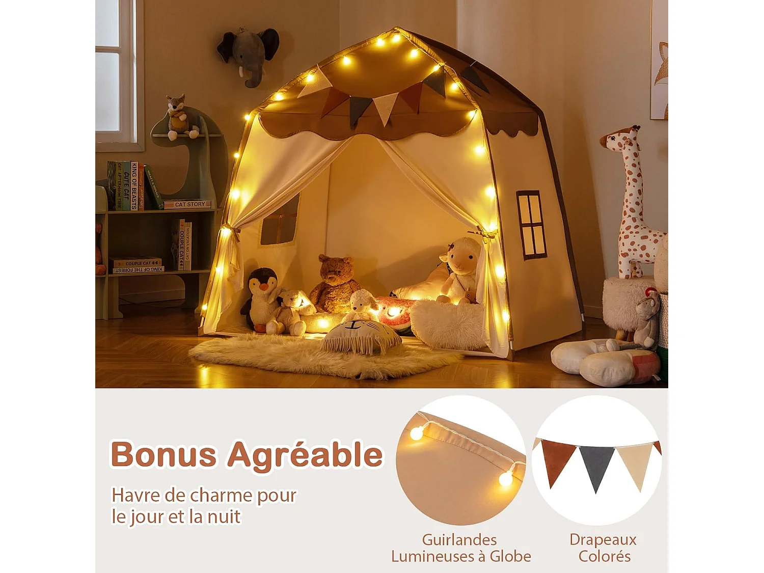 Tente de Jeux Enfant Princesse avec Guirlandes Lumineuses, Fenêtres & Tissu Lavable, 157x98x148cm (Beige + Café)