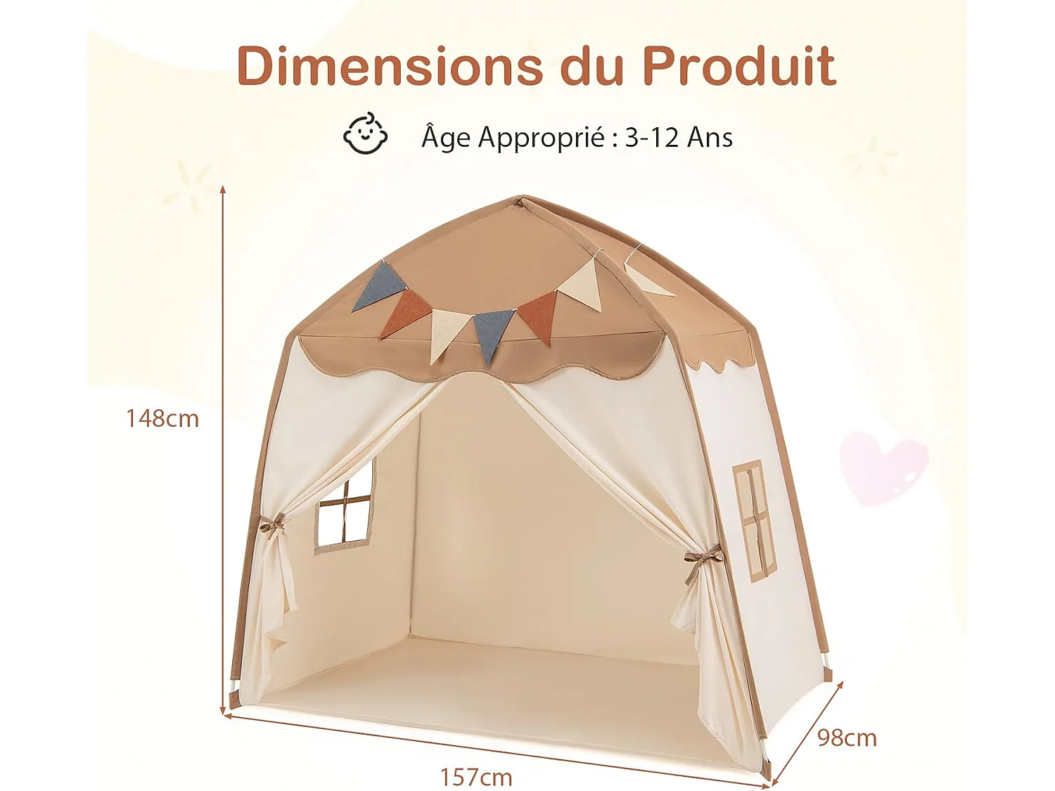 Tente de Jeux Enfant Princesse avec Guirlandes Lumineuses, Fenêtres & Tissu Lavable, 157x98x148cm (Beige + Café)