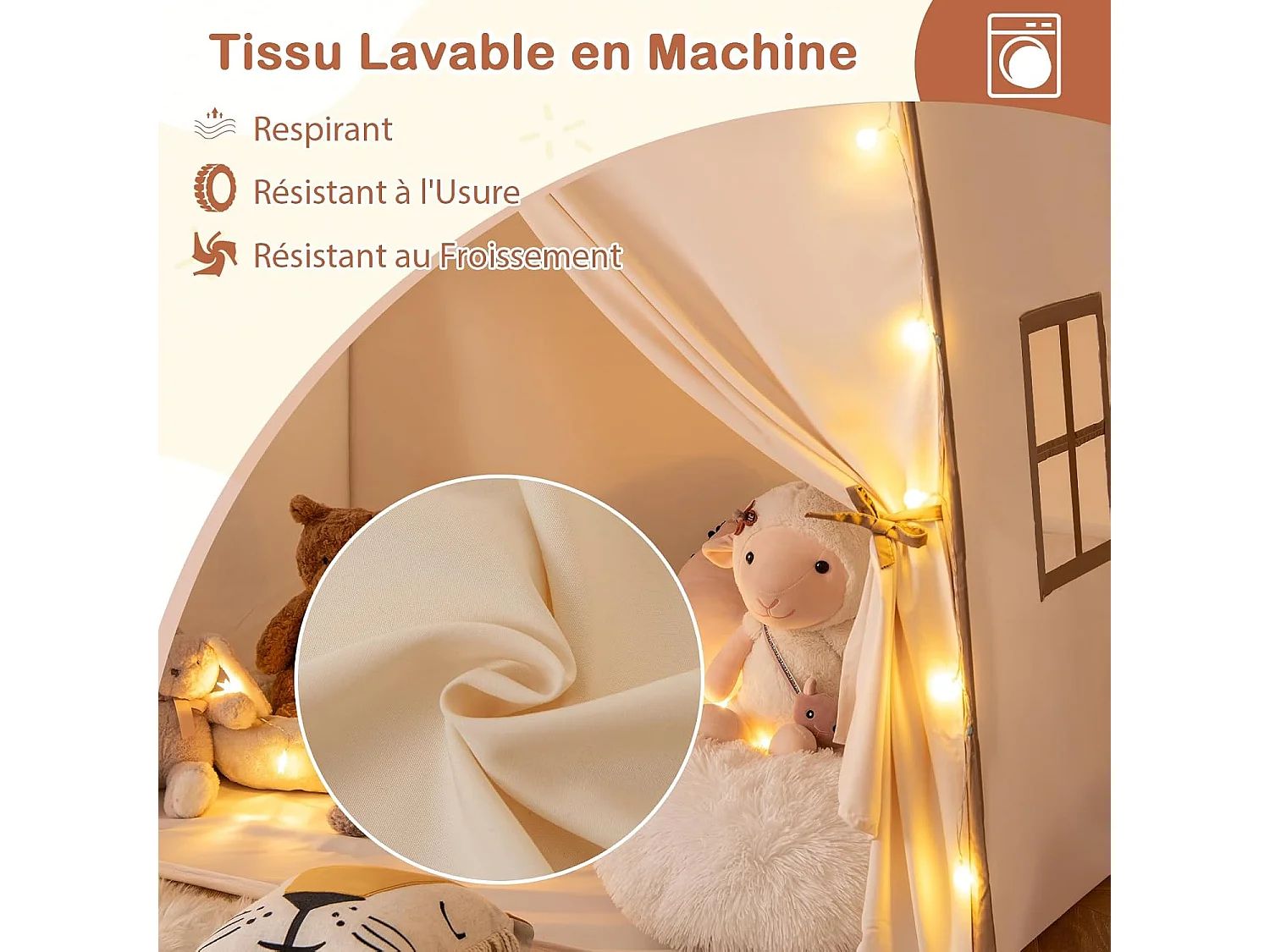 Tente de Jeux Enfant Princesse avec Guirlandes Lumineuses, Fenêtres & Tissu Lavable, 157x98x148cm (Beige + Café)