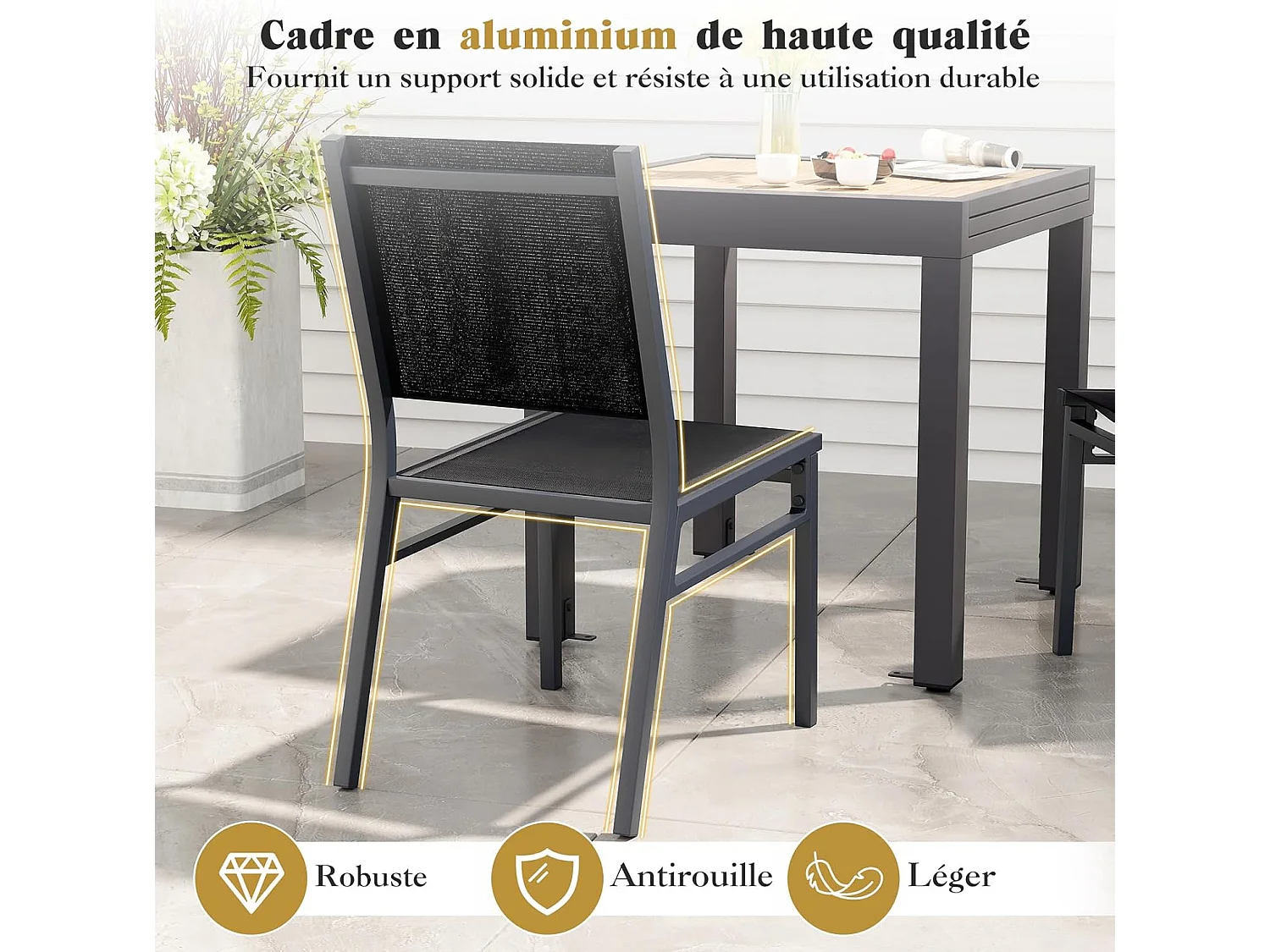 Chaise de Jardin Aluminium Robuste, Respirante, Ergonomique - Lot de 1/2, Charge 150 KG
