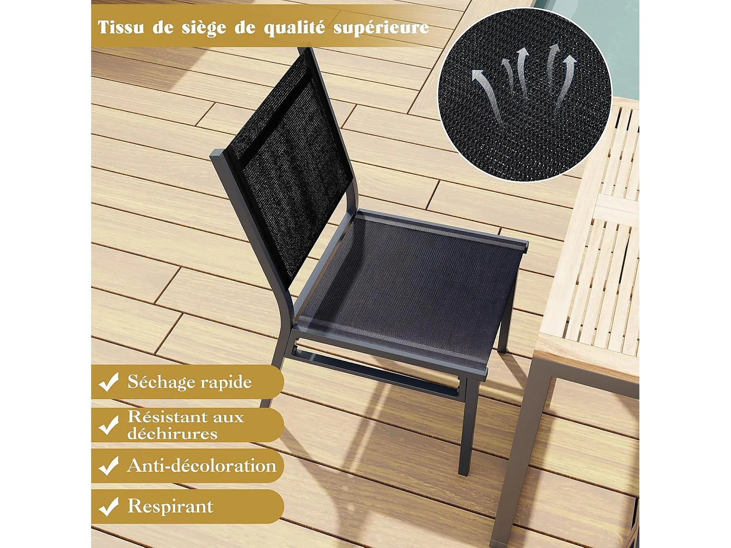 Chaise de Jardin Aluminium Robuste, Respirante, Ergonomique - Lot de 1/2, Charge 150 KG
