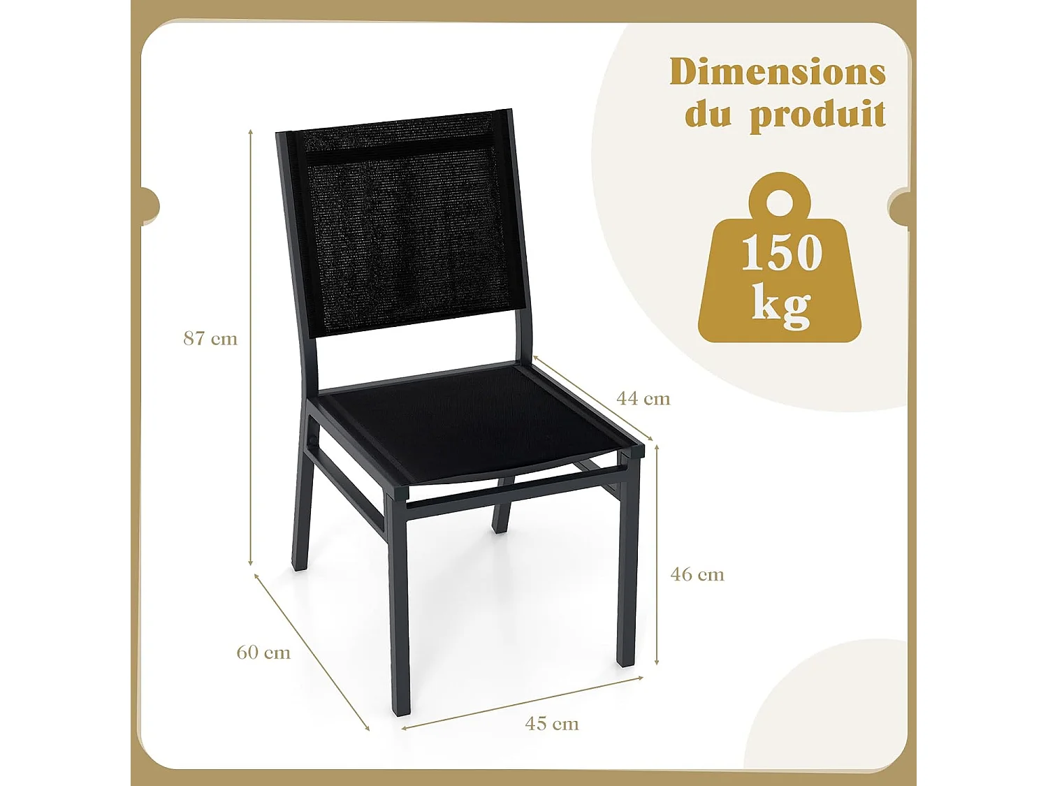 Chaise de Jardin Aluminium Robuste, Respirante, Ergonomique - Lot de 1/2, Charge 150 KG