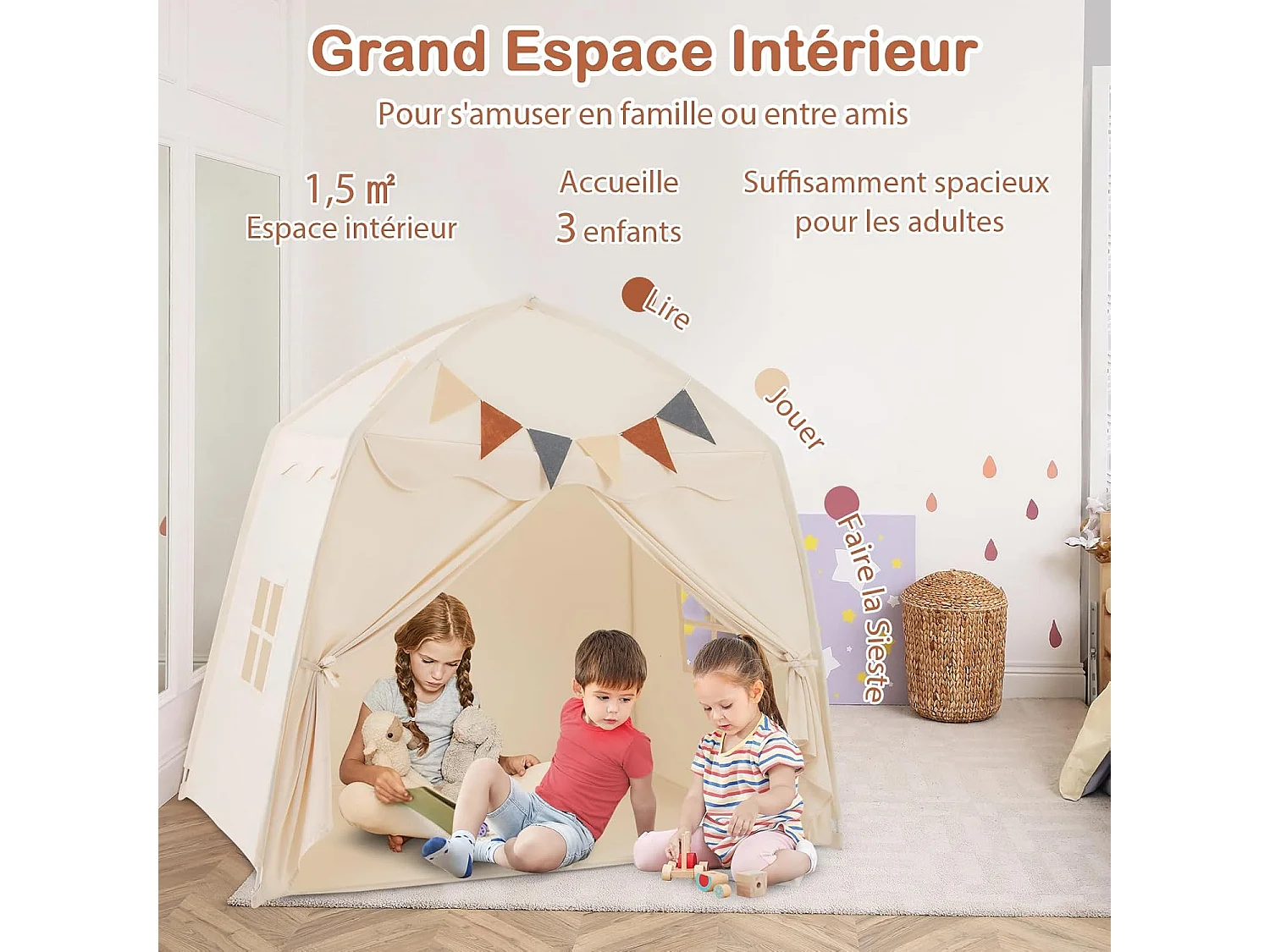 Tente de Jeux Enfant Princesse avec Guirlandes Lumineuses, Fenêtres & Tissu Lavable, 157x98x148cm (Beige)