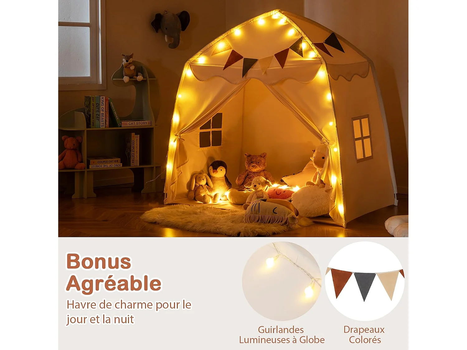 Tente de Jeux Enfant Princesse avec Guirlandes Lumineuses, Fenêtres & Tissu Lavable, 157x98x148cm (Beige)