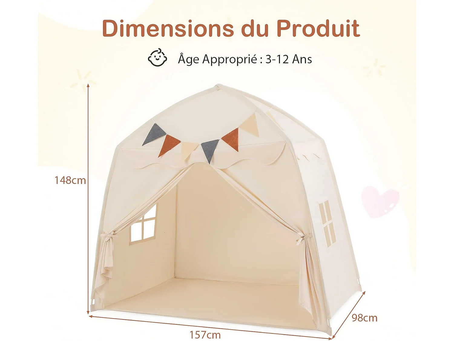 Tente de Jeux Enfant Princesse avec Guirlandes Lumineuses, Fenêtres & Tissu Lavable, 157x98x148cm (Beige)