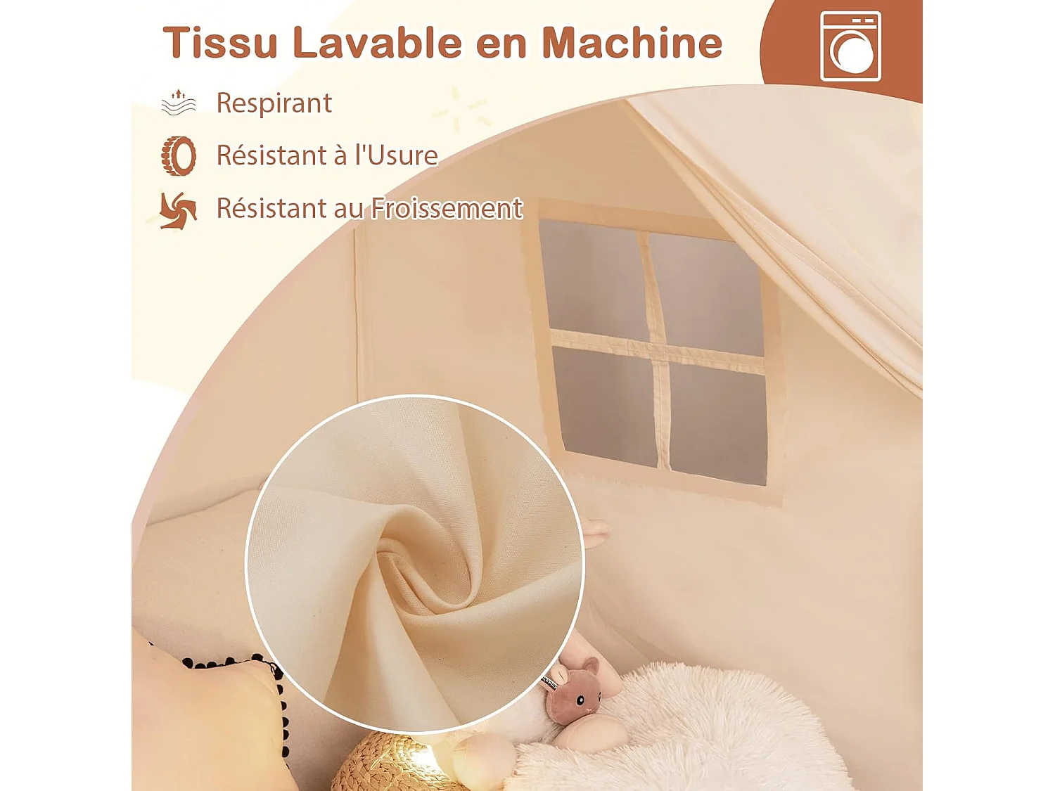 Tente de Jeux Enfant Princesse avec Guirlandes Lumineuses, Fenêtres & Tissu Lavable, 157x98x148cm (Beige)