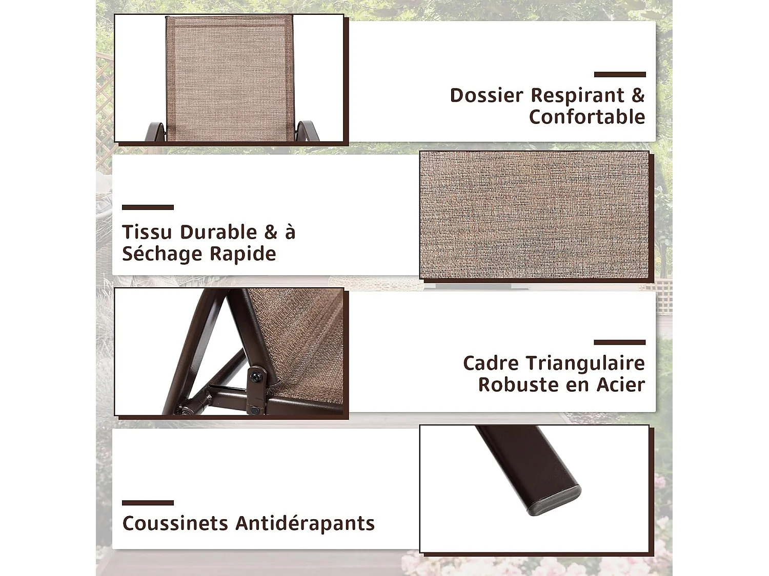 Set van 2 Tuinstoelen van Bruin Metaal, Comfortabel en Stevig, Voor Tuin, Zwembad en Eetkamer