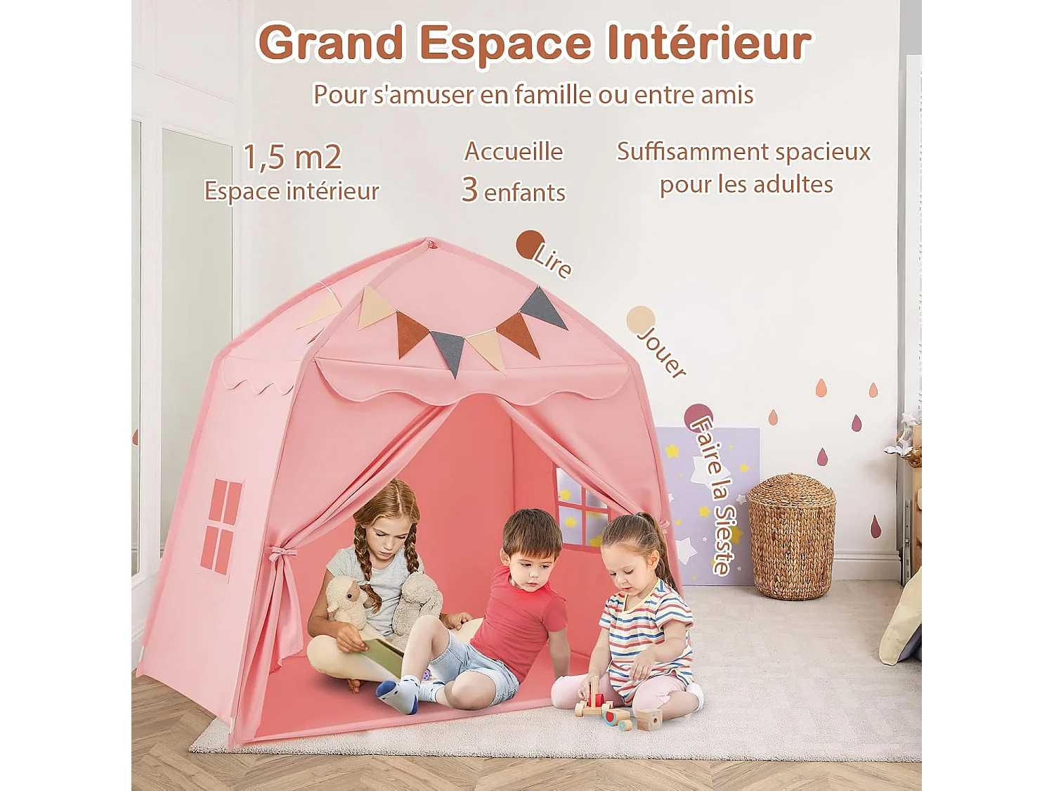 Tente de Jeux Enfant Princesse Rose 157x98x148cm avec Guirlandes Lumineuses & Drapeaux