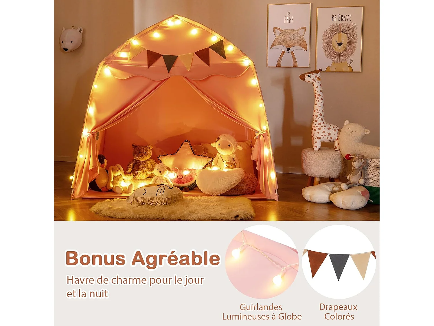 Tente de Jeux Enfant Princesse Rose 157x98x148cm avec Guirlandes Lumineuses & Drapeaux