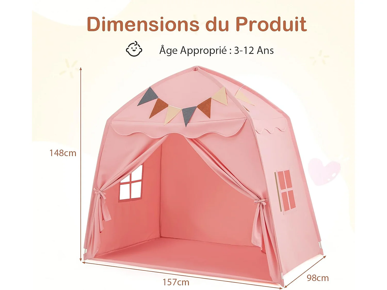 Tente de Jeux Enfant Princesse Rose 157x98x148cm avec Guirlandes Lumineuses & Drapeaux